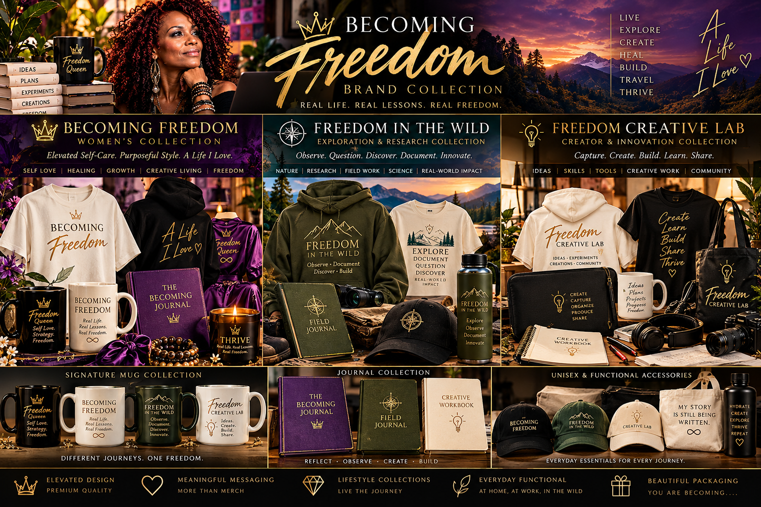 Concept lookbook showing Becoming Freedom apparel, journals, mugs, accessories and creative collections