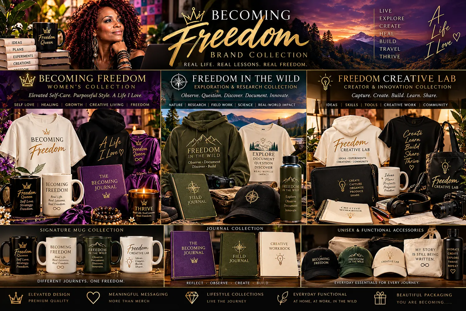 Concept lookbook showing Becoming Freedom apparel, journals, mugs, accessories and creative collections